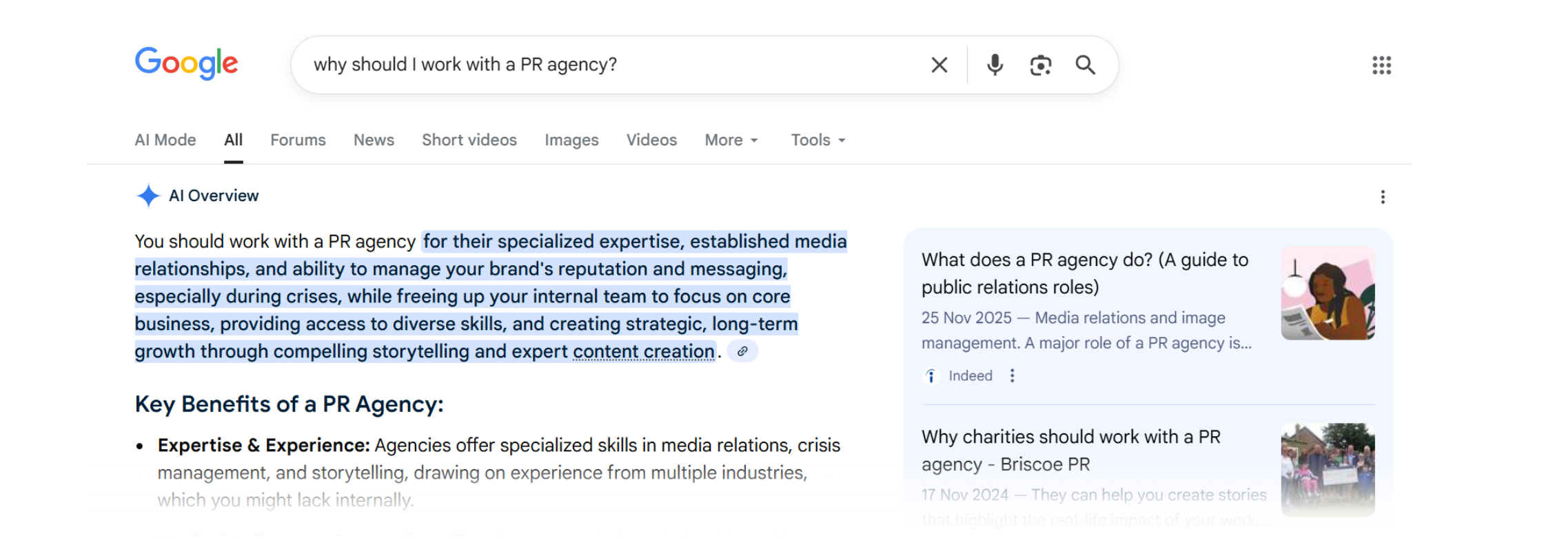 AI search results for working with a PR agency